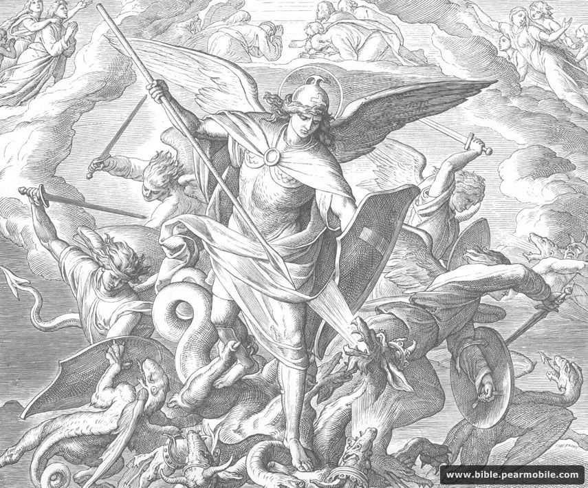 Aabenbaringen 12:9 - Michael and Angels Fighting Dragon